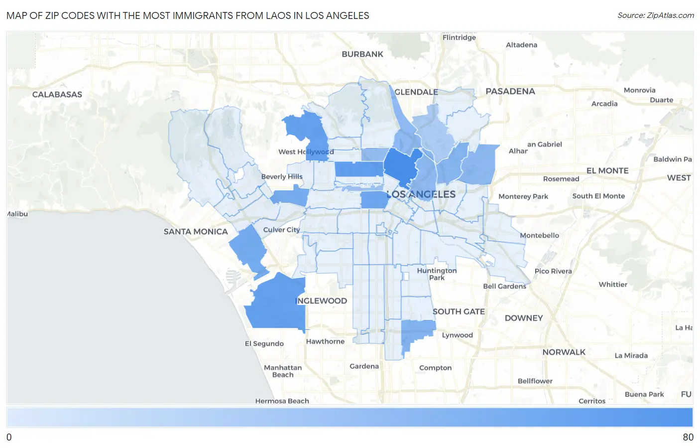 Zip Codes with the Most Immigrants from Laos in Los Angeles Map