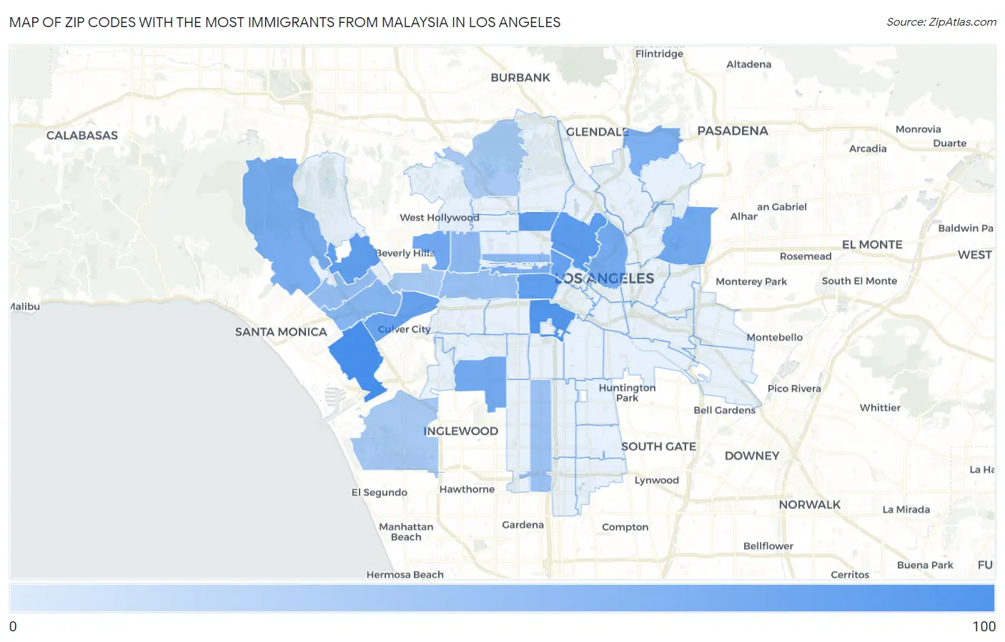 Zip Codes with the Most Immigrants from Malaysia in Los Angeles Map
