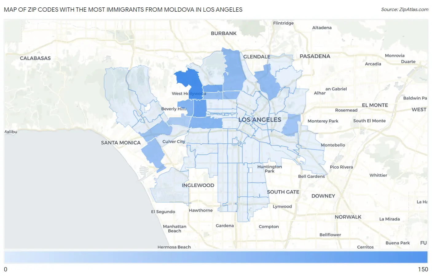 Zip Codes with the Most Immigrants from Moldova in Los Angeles Map
