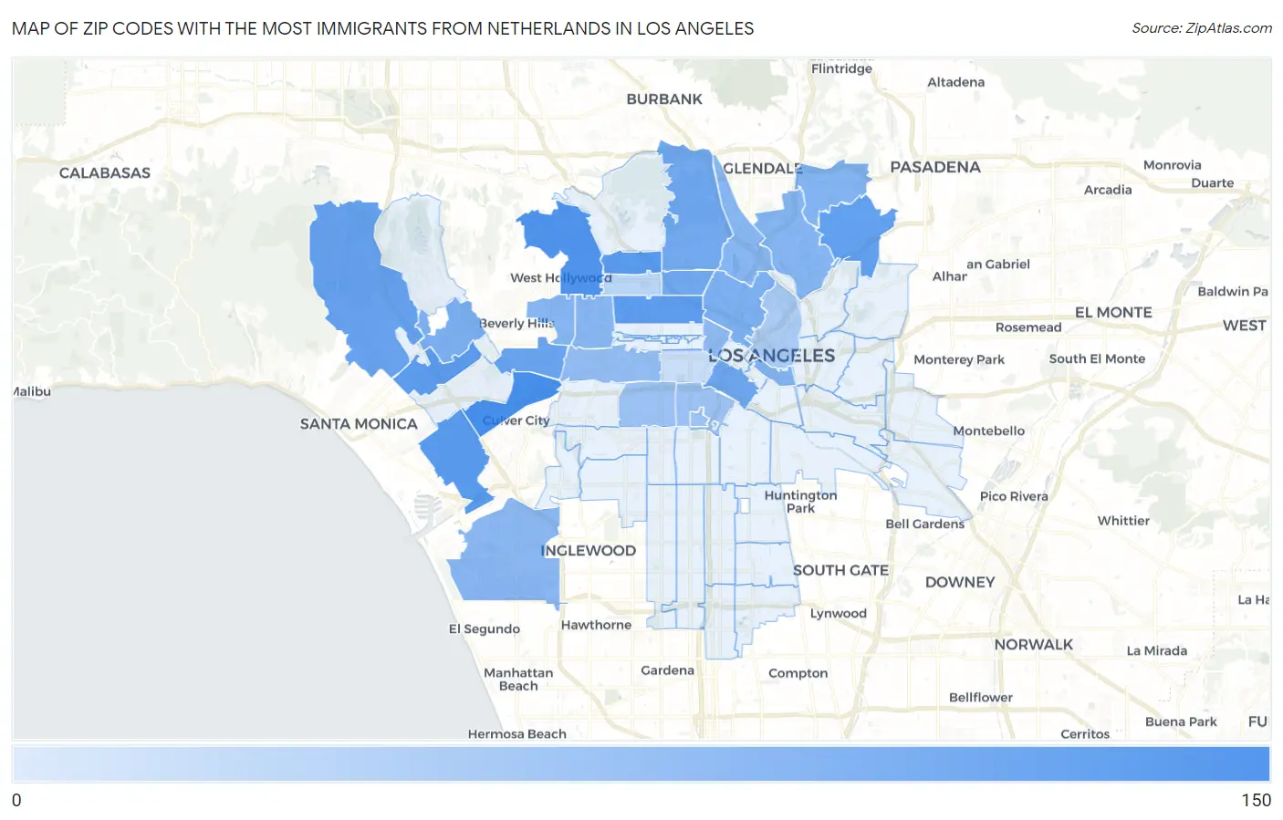 Zip Codes with the Most Immigrants from Netherlands in Los Angeles Map