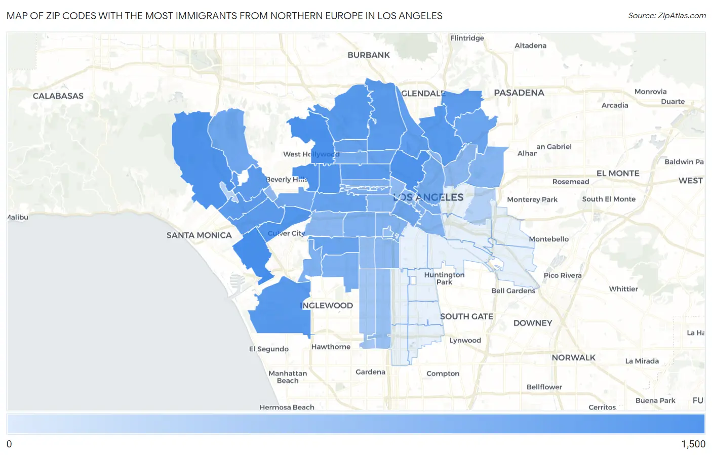 Zip Codes with the Most Immigrants from Northern Europe in Los Angeles Map
