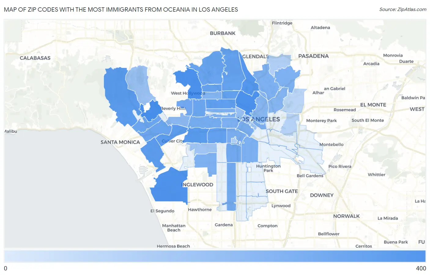 Zip Codes with the Most Immigrants from Oceania in Los Angeles Map