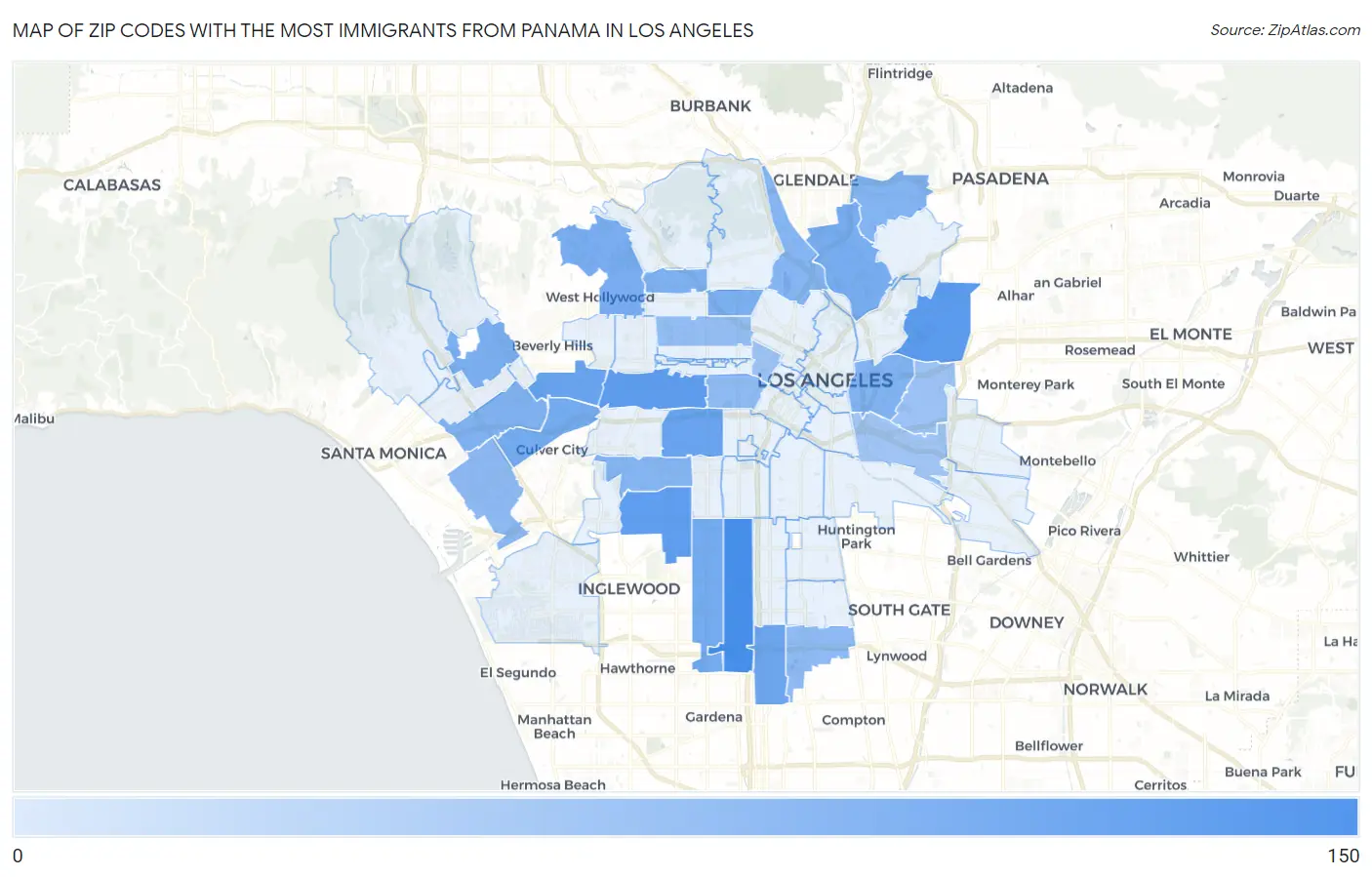 Zip Codes with the Most Immigrants from Panama in Los Angeles Map