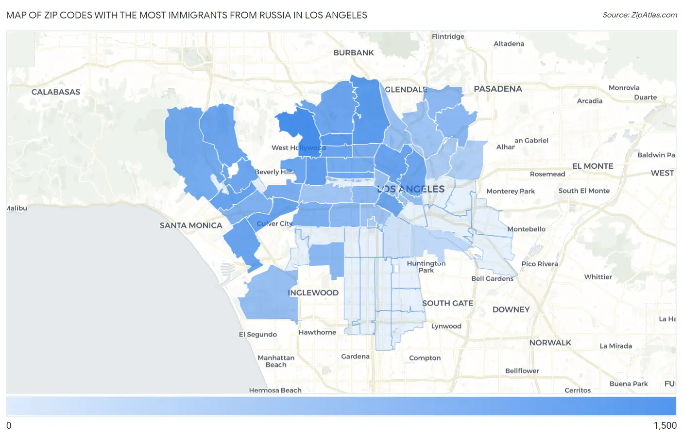 Zip Codes with the Most Immigrants from Russia in Los Angeles Map
