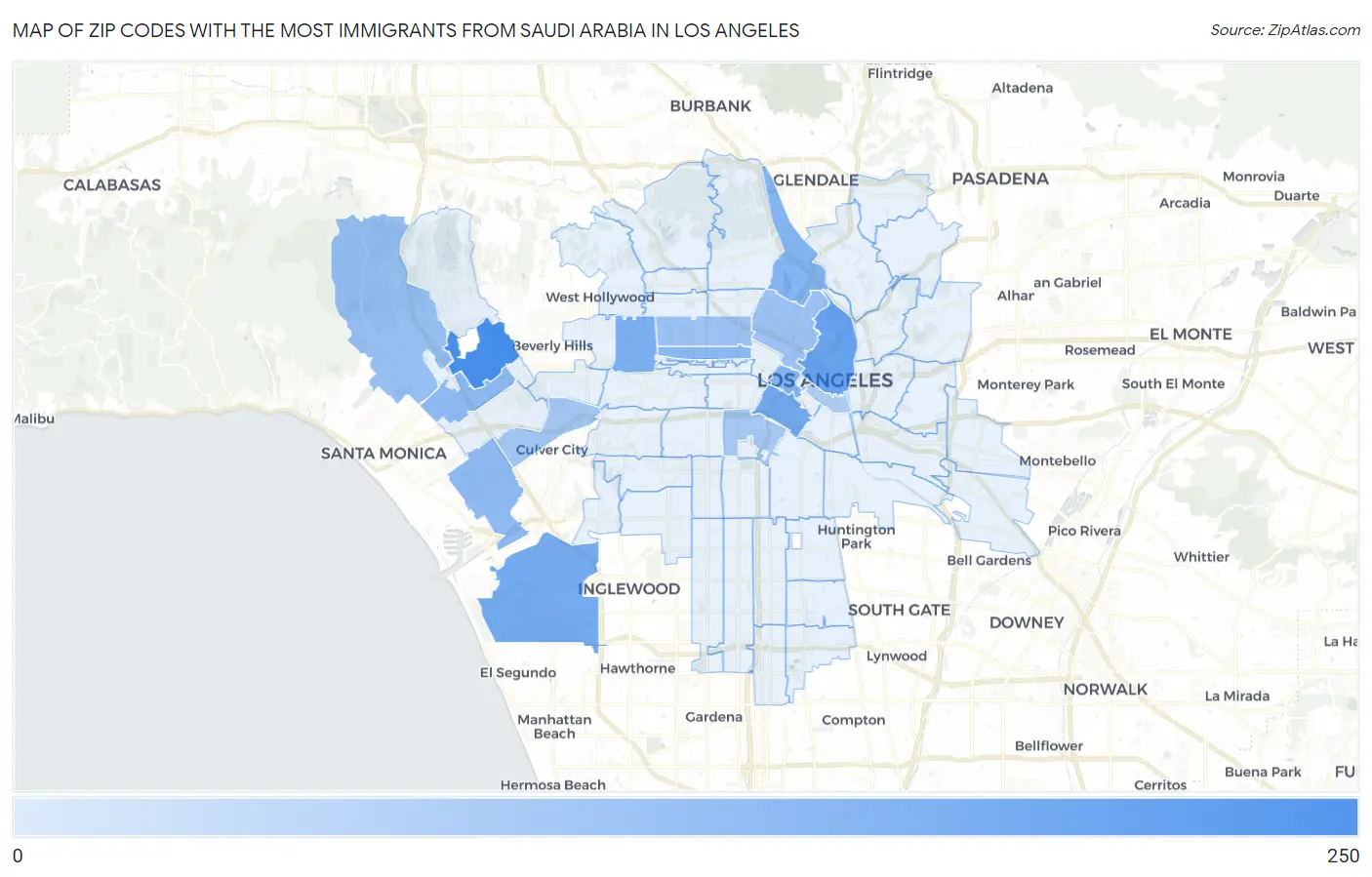 Zip Codes with the Most Immigrants from Saudi Arabia in Los Angeles Map