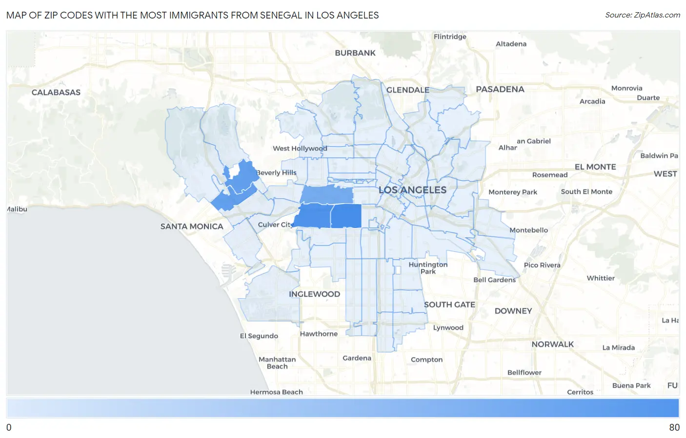 Zip Codes with the Most Immigrants from Senegal in Los Angeles Map