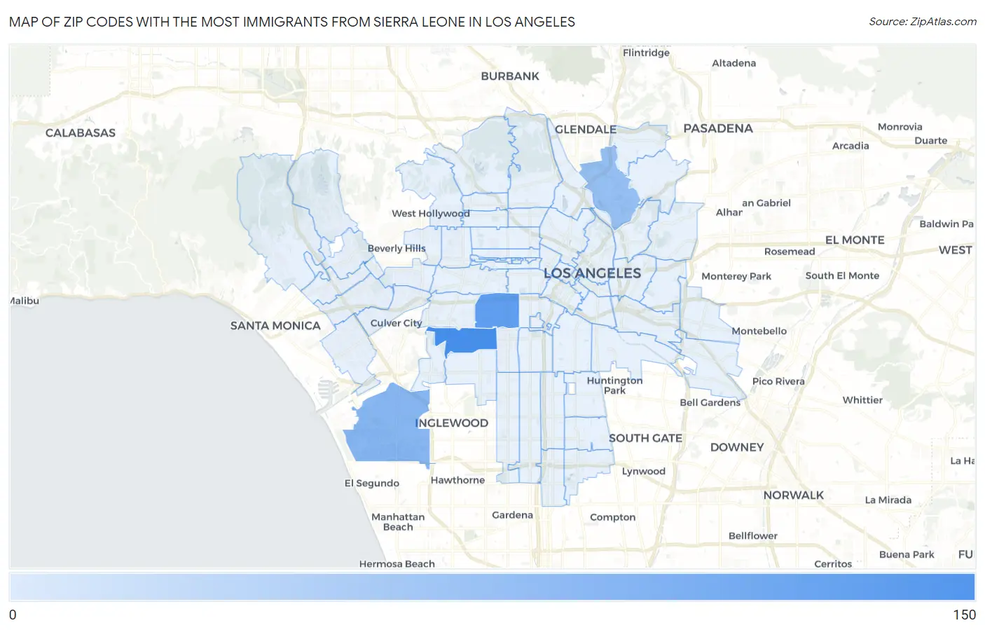 Zip Codes with the Most Immigrants from Sierra Leone in Los Angeles Map
