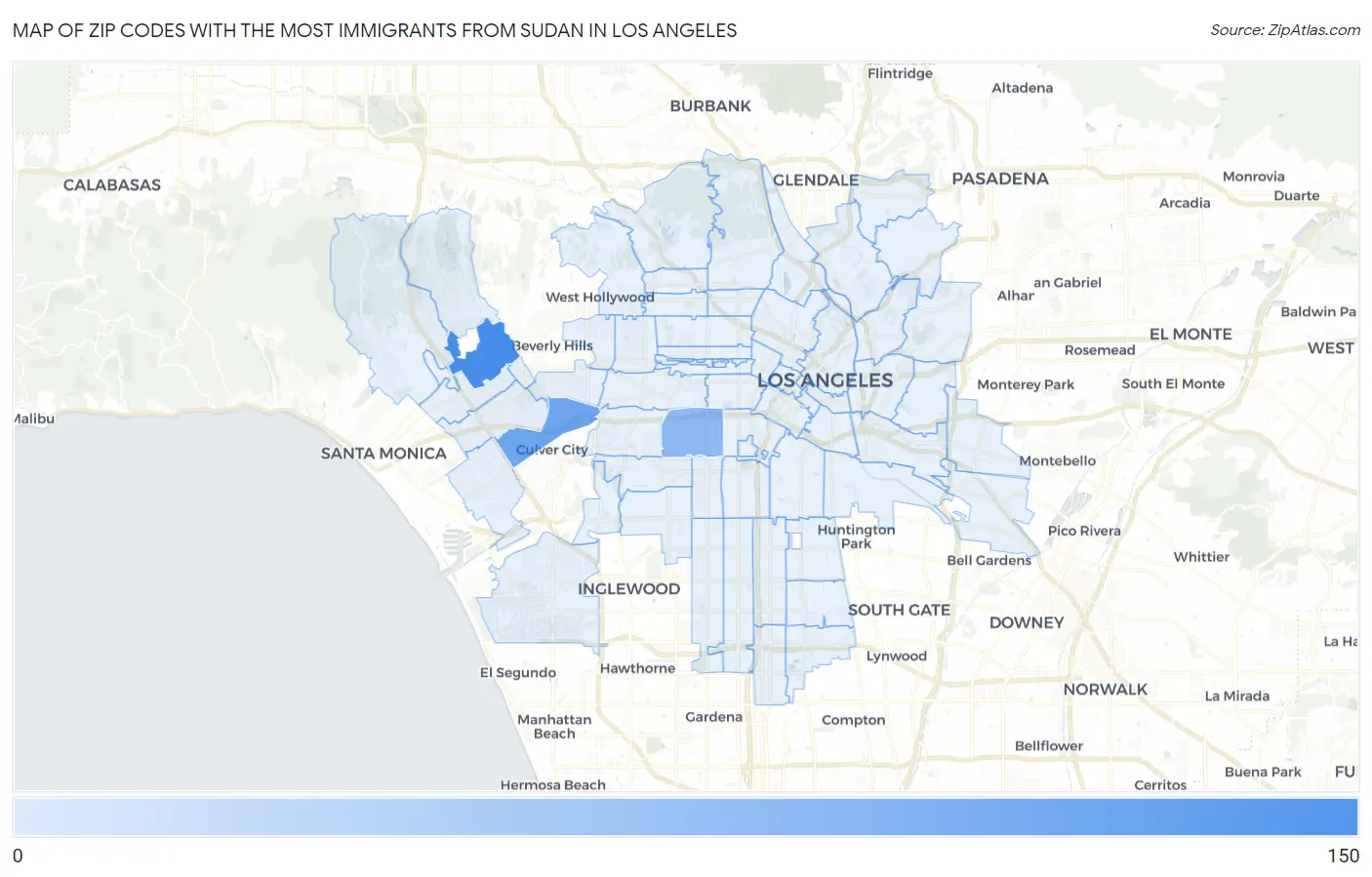 Zip Codes with the Most Immigrants from Sudan in Los Angeles Map