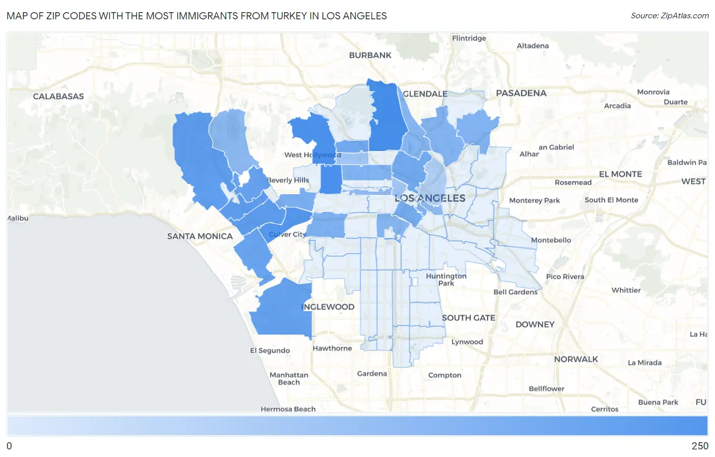 Zip Codes with the Most Immigrants from Turkey in Los Angeles Map