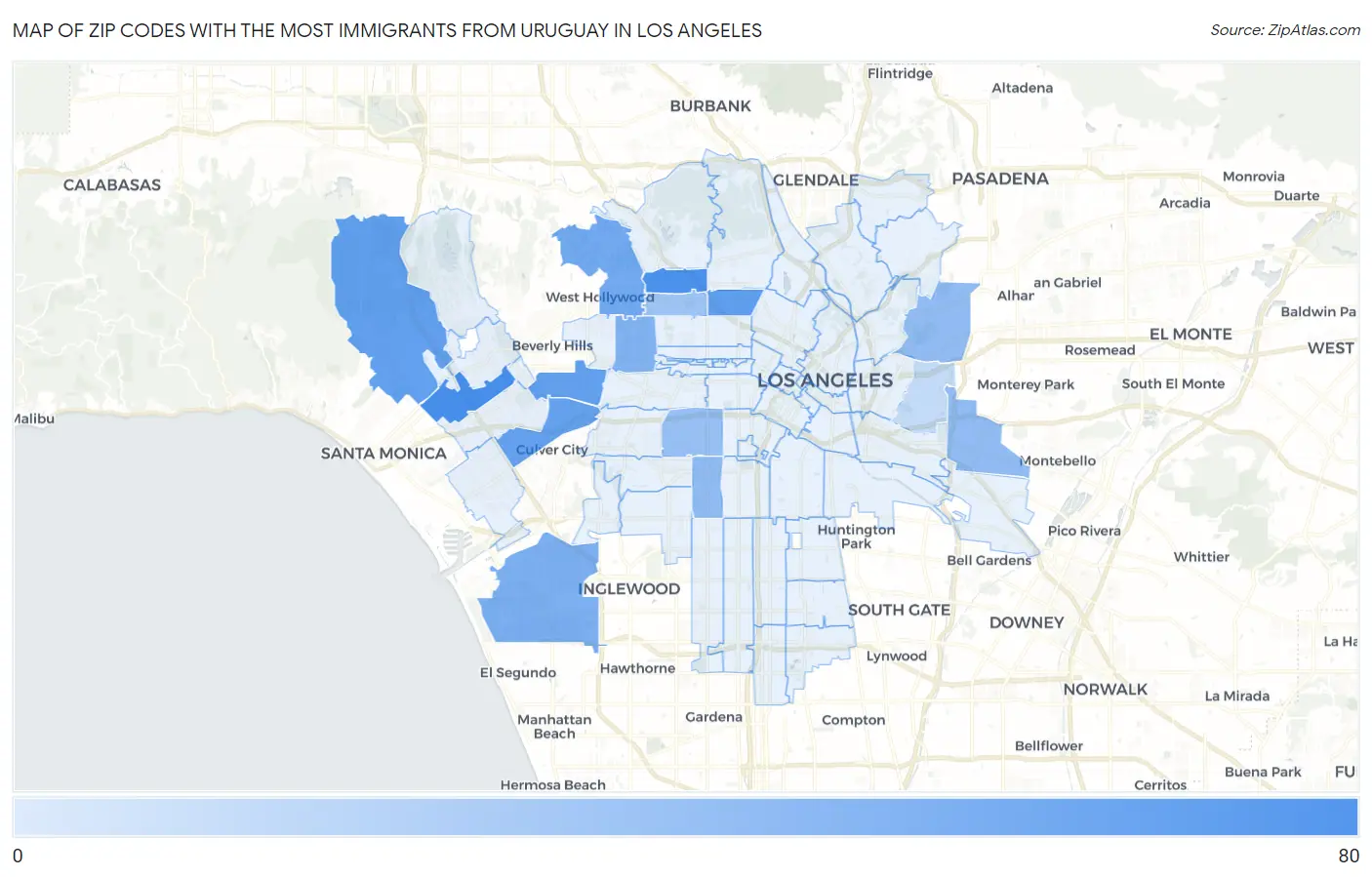 Zip Codes with the Most Immigrants from Uruguay in Los Angeles Map