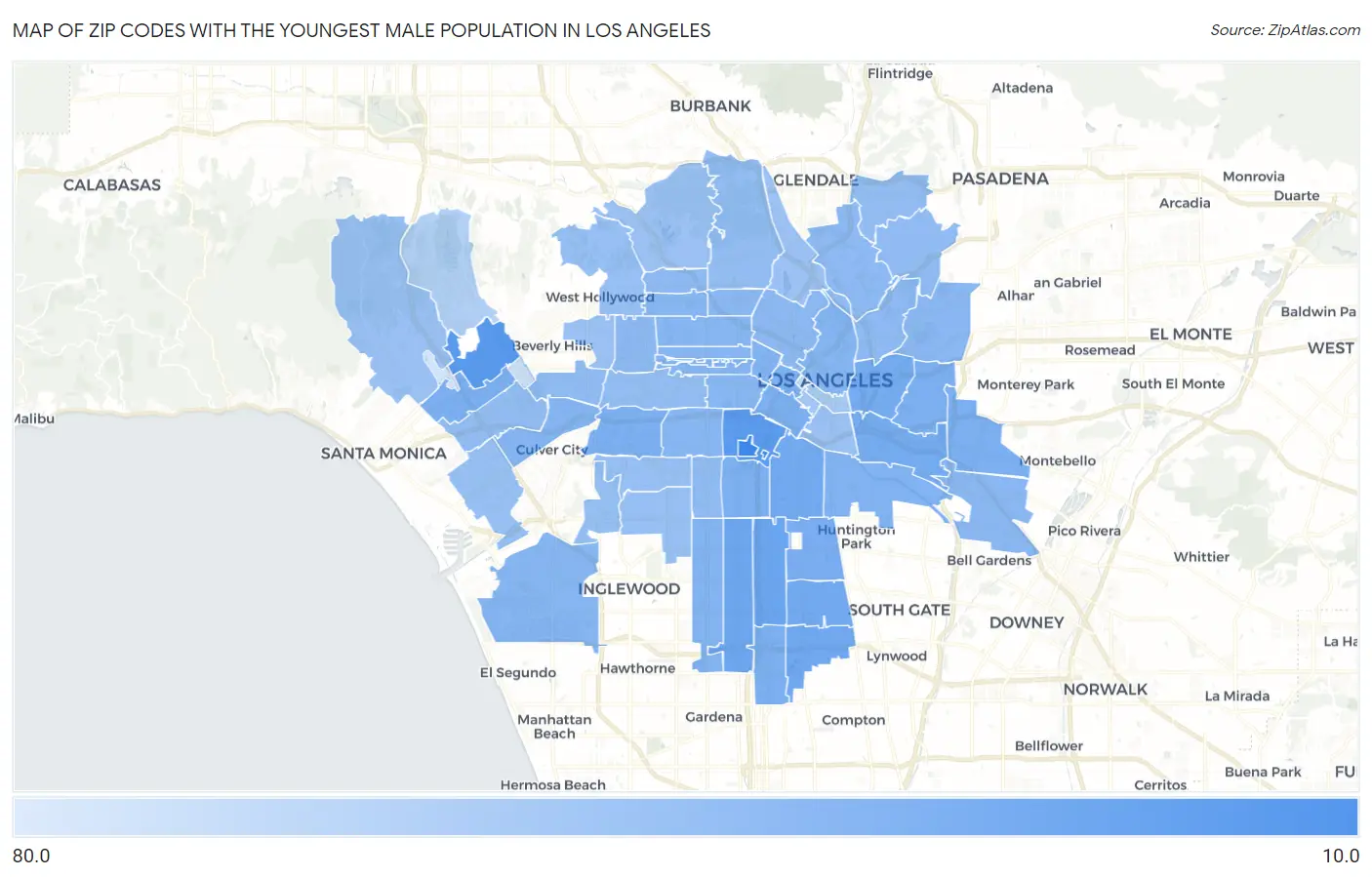 Zip Codes with the Youngest Male Population in Los Angeles Map