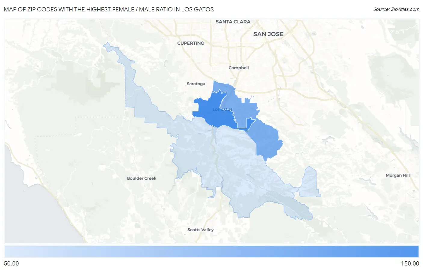Zip Codes with the Highest Female / Male Ratio in Los Gatos Map