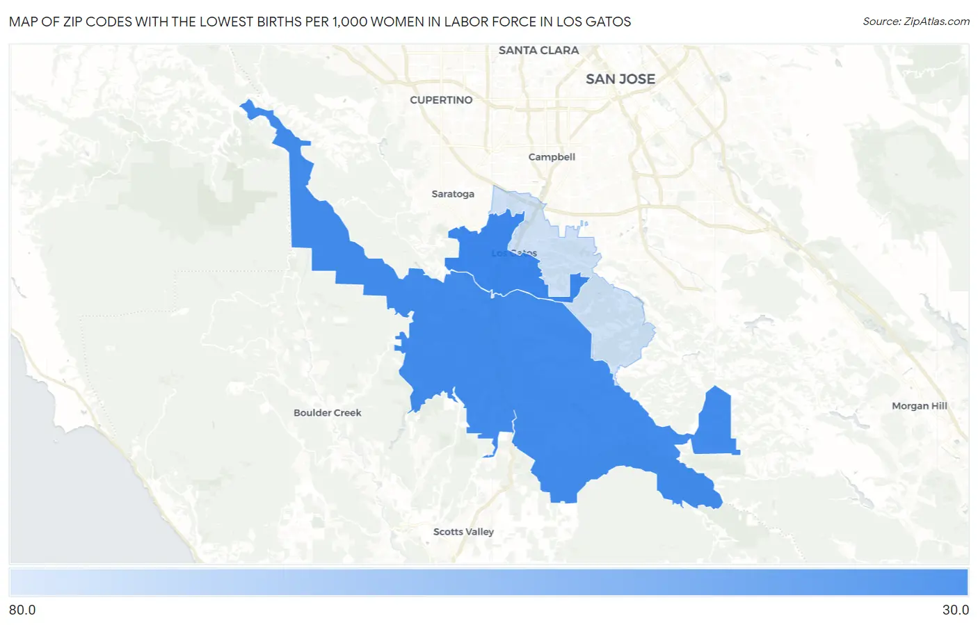 Zip Codes with the Lowest Births per 1,000 Women in Labor Force in Los Gatos Map