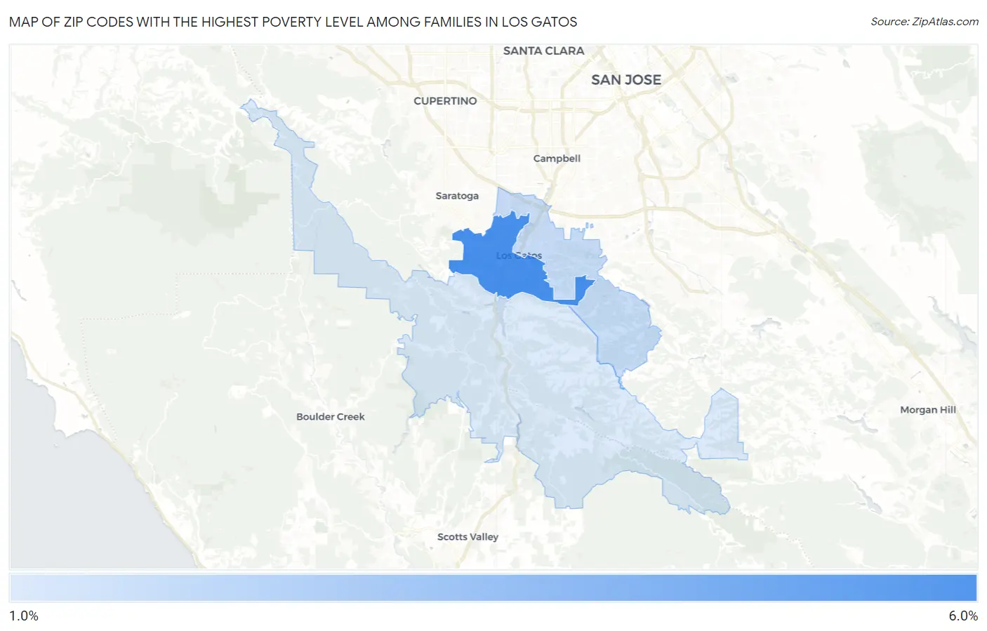 Zip Codes with the Highest Poverty Level Among Families in Los Gatos Map