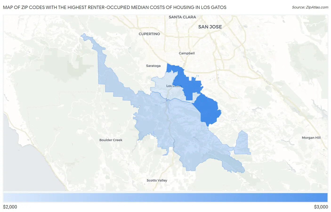 Zip Codes with the Highest Renter-Occupied Median Costs of Housing in Los Gatos Map