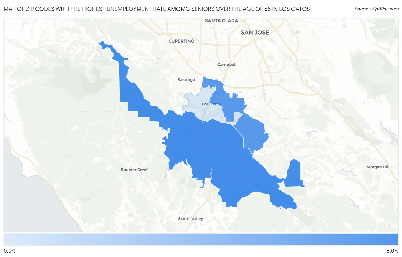 Zip Codes with the Highest Unemployment Rate Amomg Seniors Over the Age of 65 in Los Gatos Map