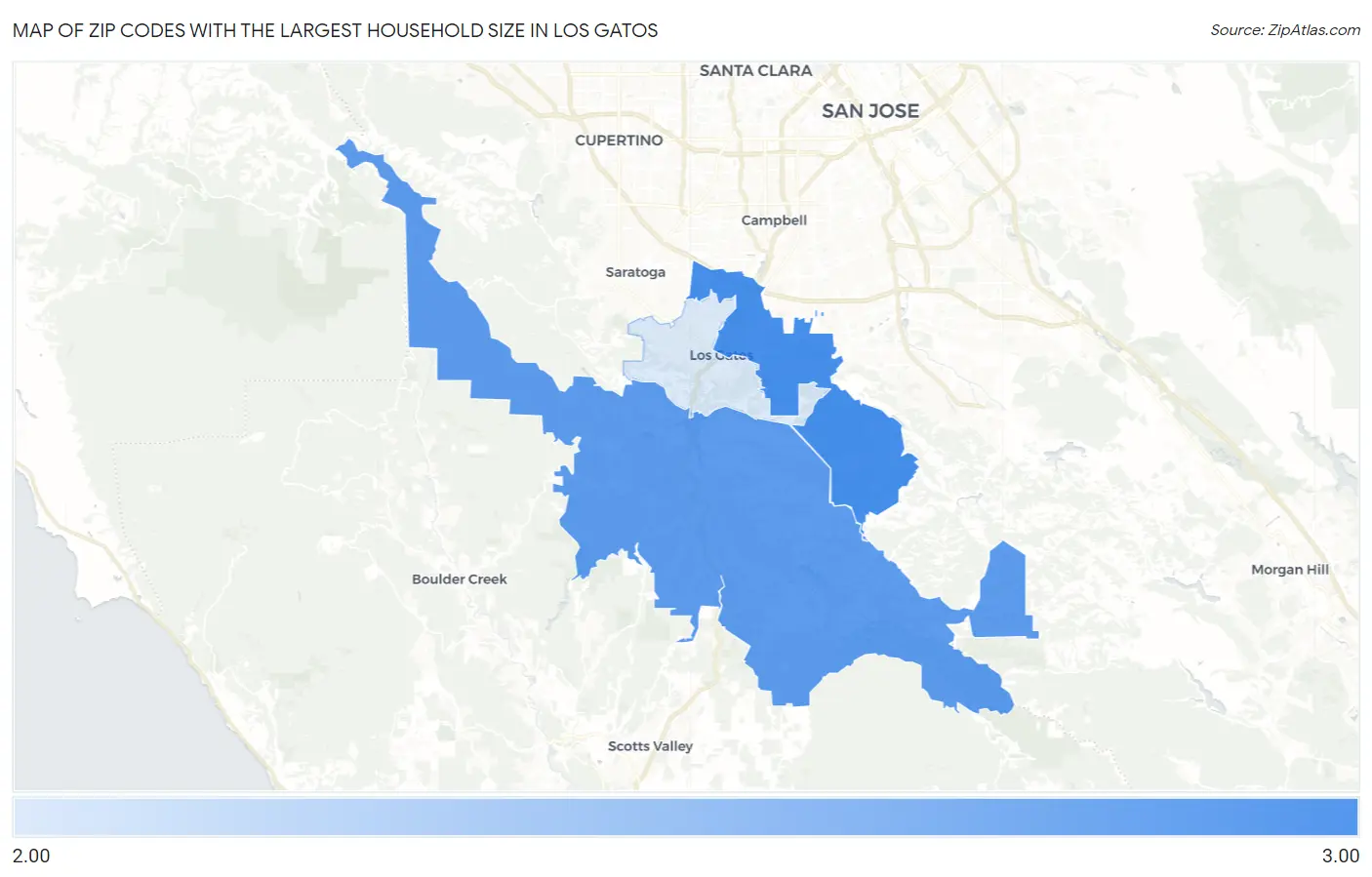 Zip Codes with the Largest Household Size in Los Gatos Map