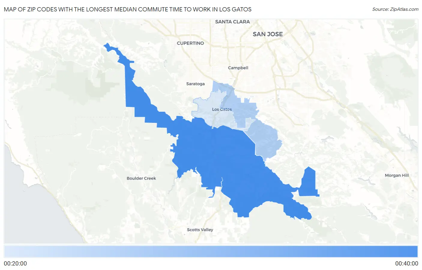 Zip Codes with the Longest Median Commute Time to Work in Los Gatos Map