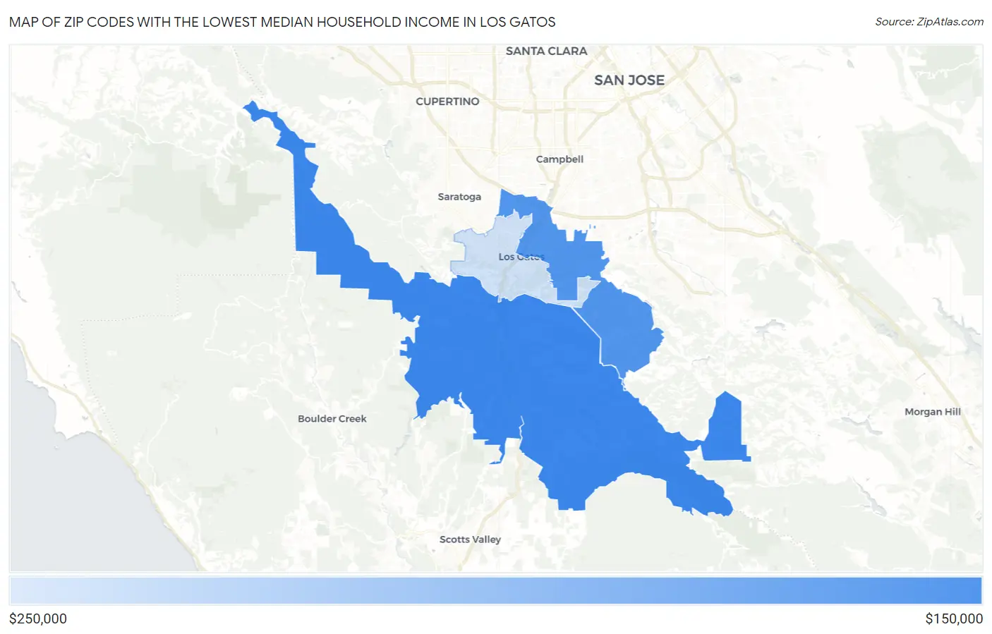 Zip Codes with the Lowest Median Household Income in Los Gatos Map