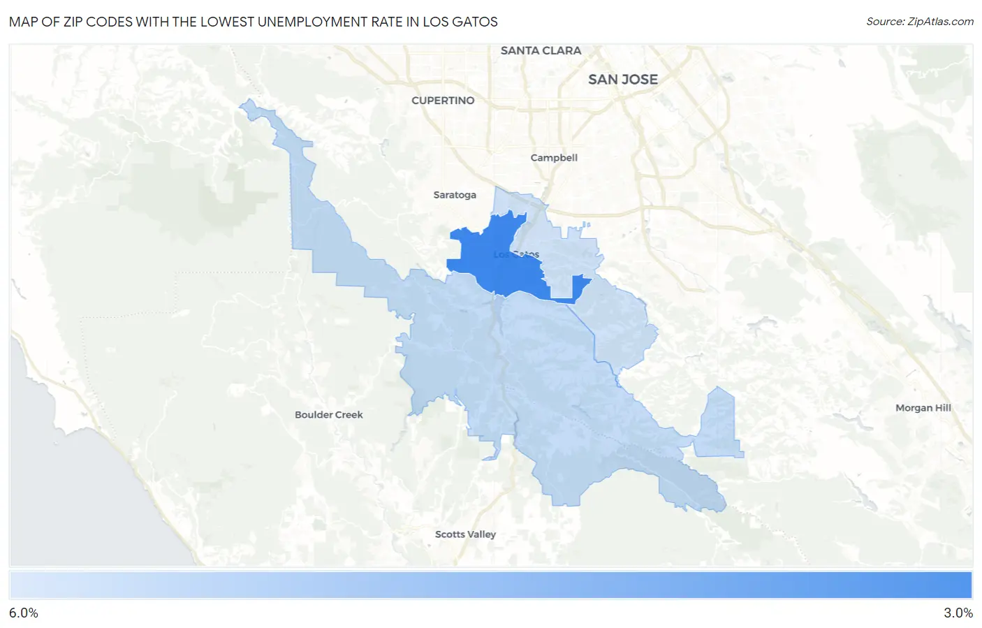 Zip Codes with the Lowest Unemployment Rate in Los Gatos Map