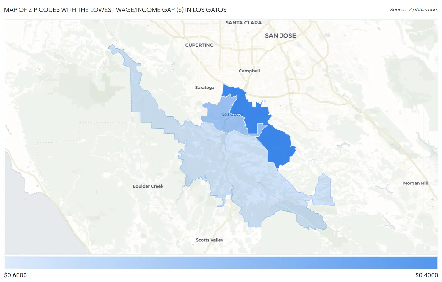 Zip Codes with the Lowest Wage/Income Gap ($) in Los Gatos Map