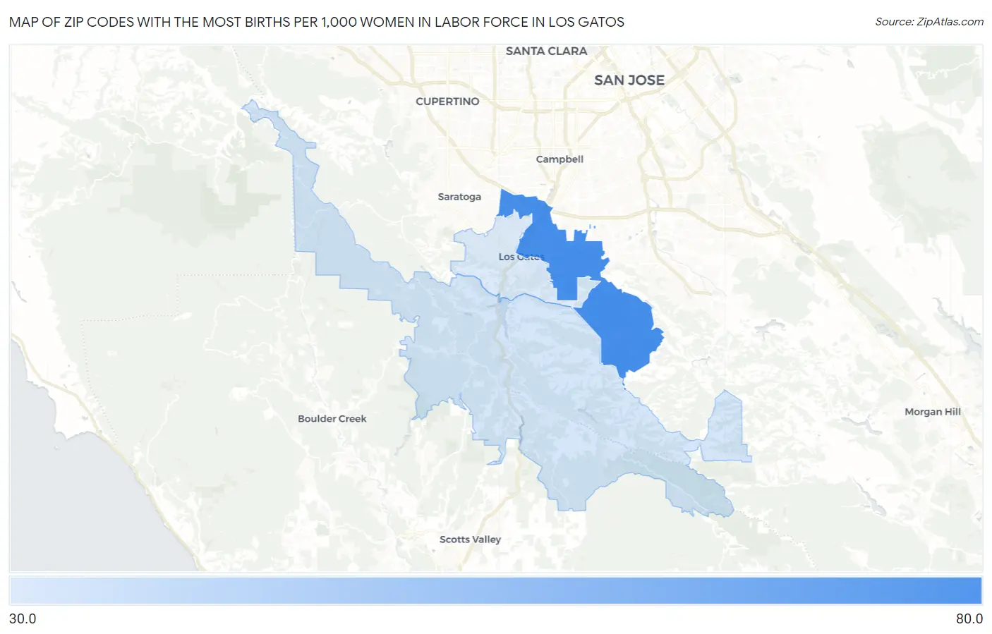 Zip Codes with the Most Births per 1,000 Women in Labor Force in Los Gatos Map