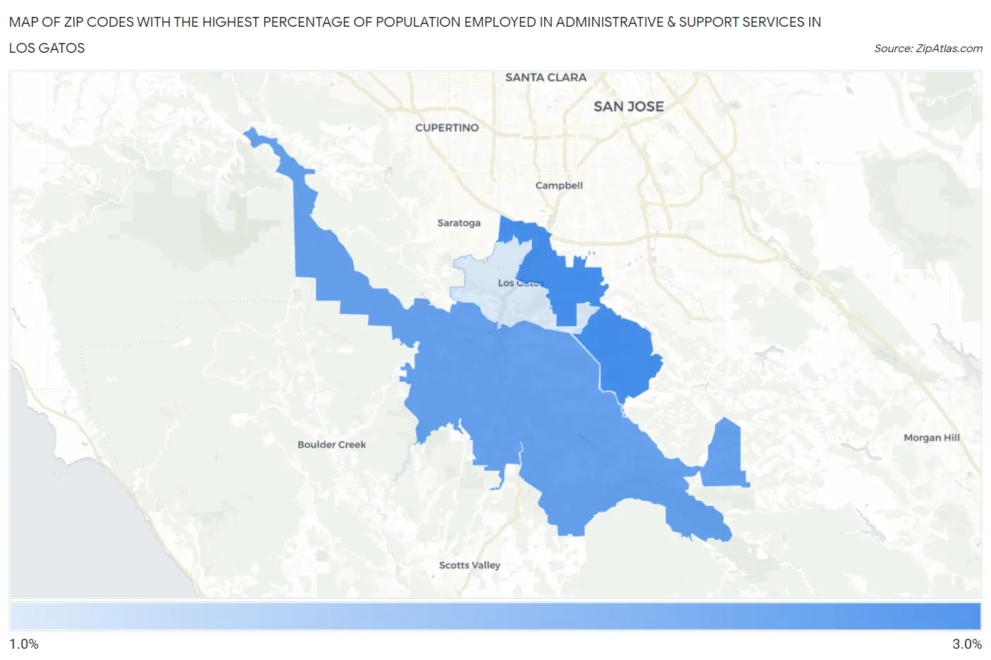 Zip Codes with the Highest Percentage of Population Employed in Administrative & Support Services in Los Gatos Map