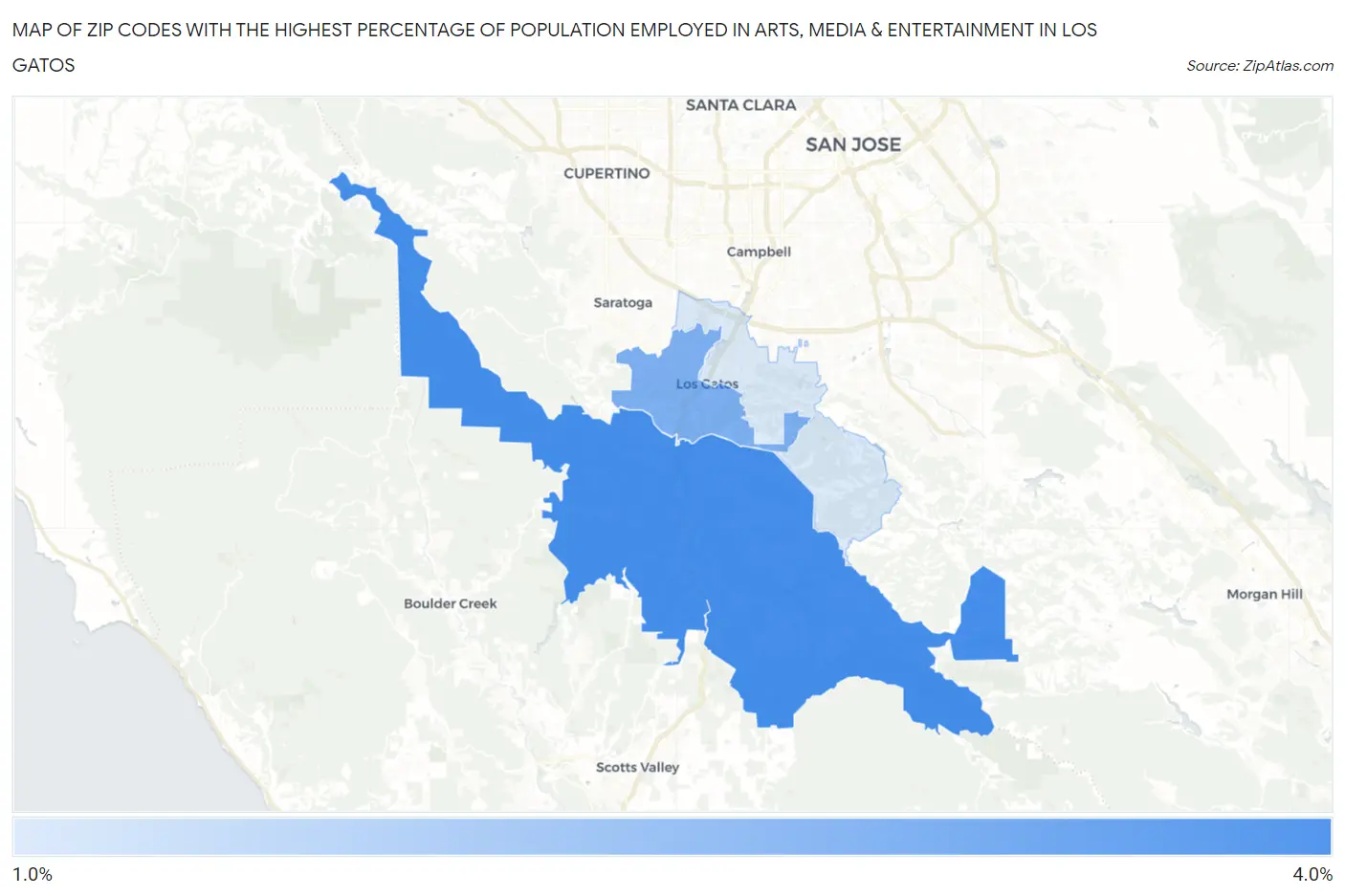 Zip Codes with the Highest Percentage of Population Employed in Arts, Media & Entertainment in Los Gatos Map