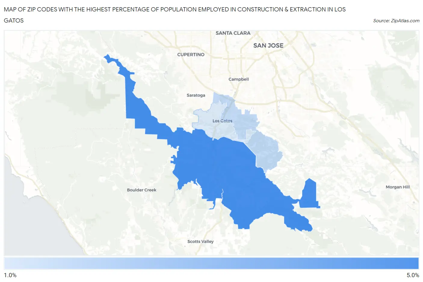 Zip Codes with the Highest Percentage of Population Employed in Construction & Extraction in Los Gatos Map