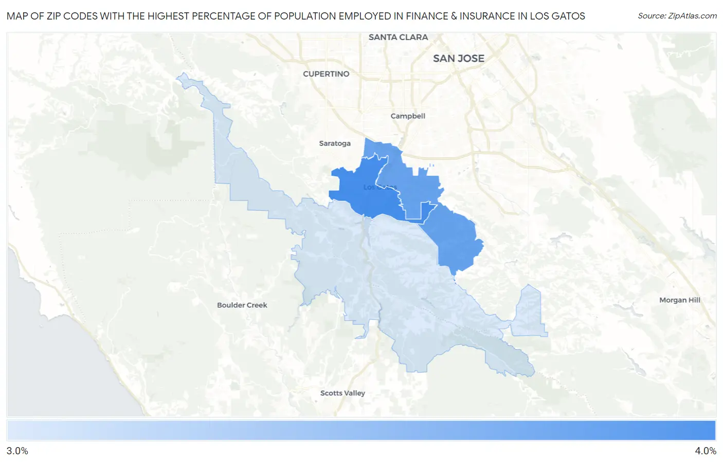Zip Codes with the Highest Percentage of Population Employed in Finance & Insurance in Los Gatos Map