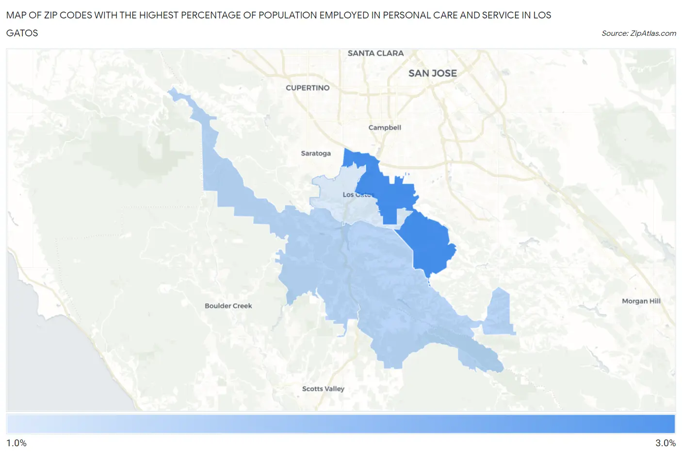 Zip Codes with the Highest Percentage of Population Employed in Personal Care and Service in Los Gatos Map