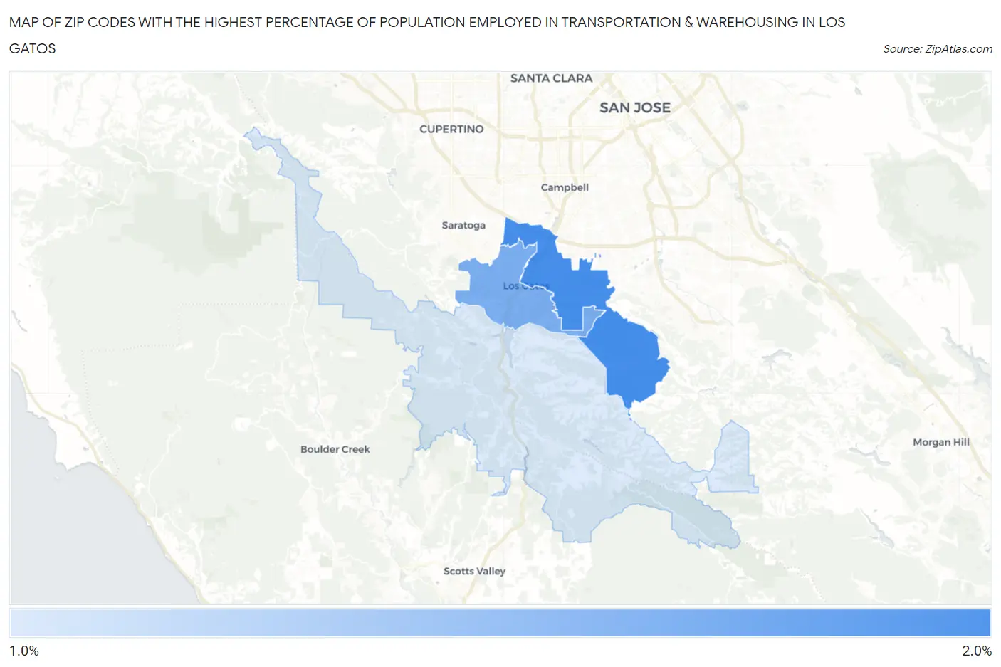 Zip Codes with the Highest Percentage of Population Employed in Transportation & Warehousing in Los Gatos Map