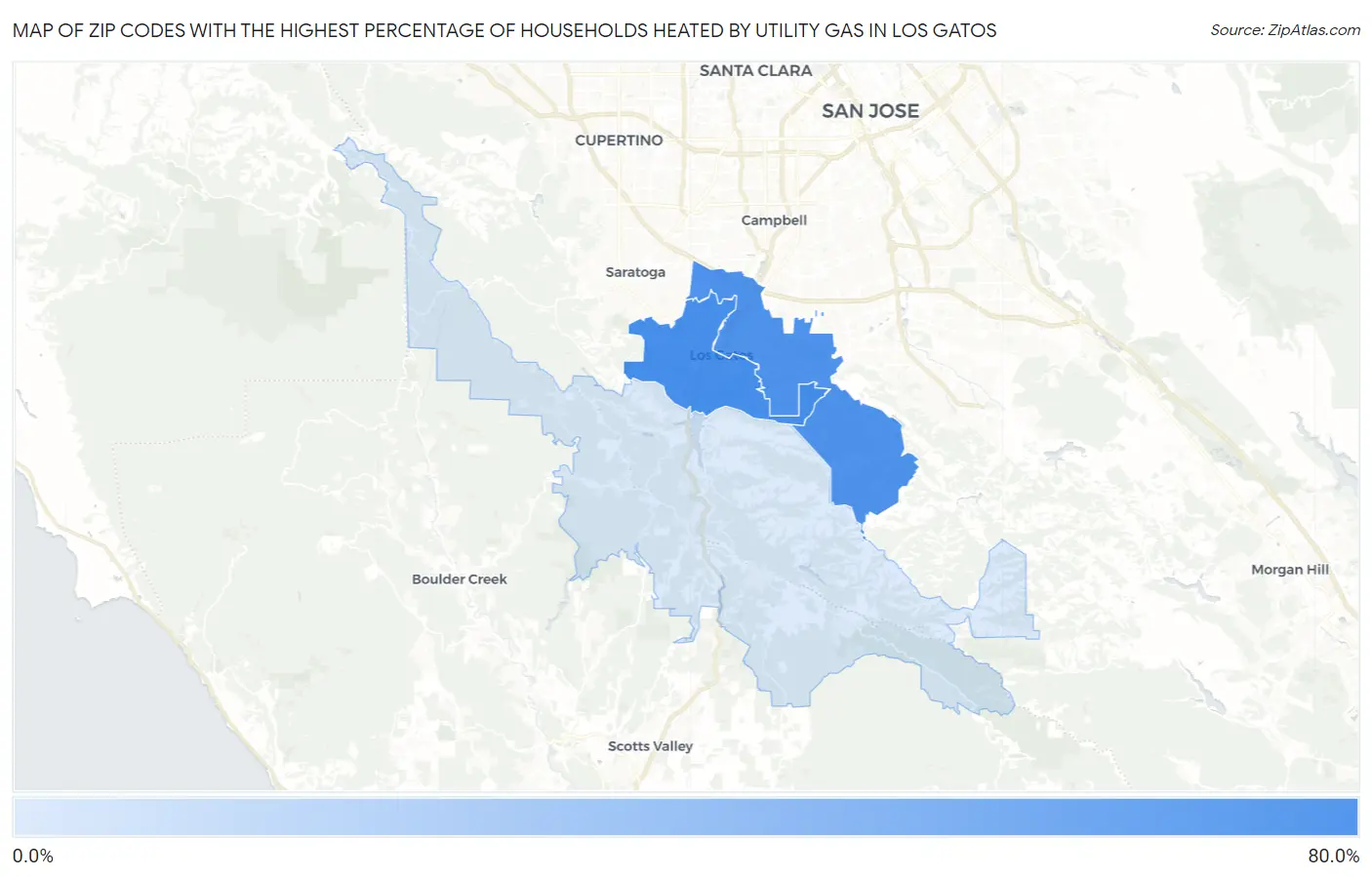 Zip Codes with the Highest Percentage of Households Heated by Utility Gas in Los Gatos Map
