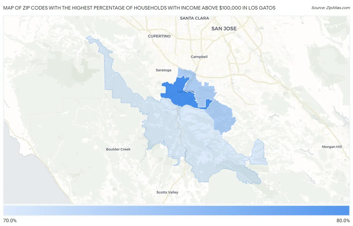 Zip Codes with the Highest Percentage of Households with Income Above $100,000 in Los Gatos Map