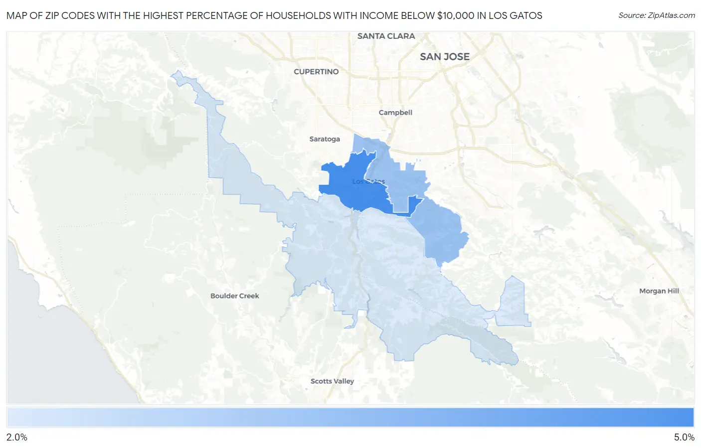 Zip Codes with the Highest Percentage of Households with Income Below $10,000 in Los Gatos Map