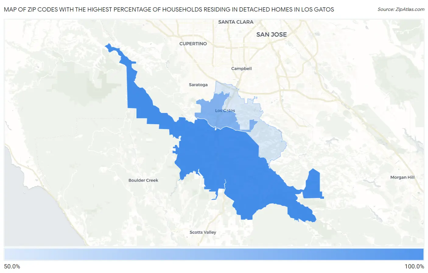 Zip Codes with the Highest Percentage of Households Residing in Detached Homes in Los Gatos Map