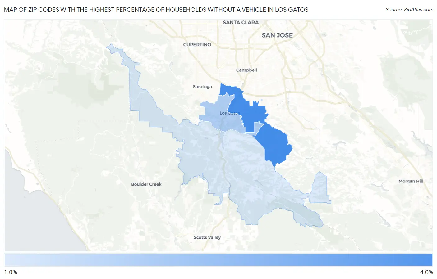 Zip Codes with the Highest Percentage of Households Without a Vehicle in Los Gatos Map