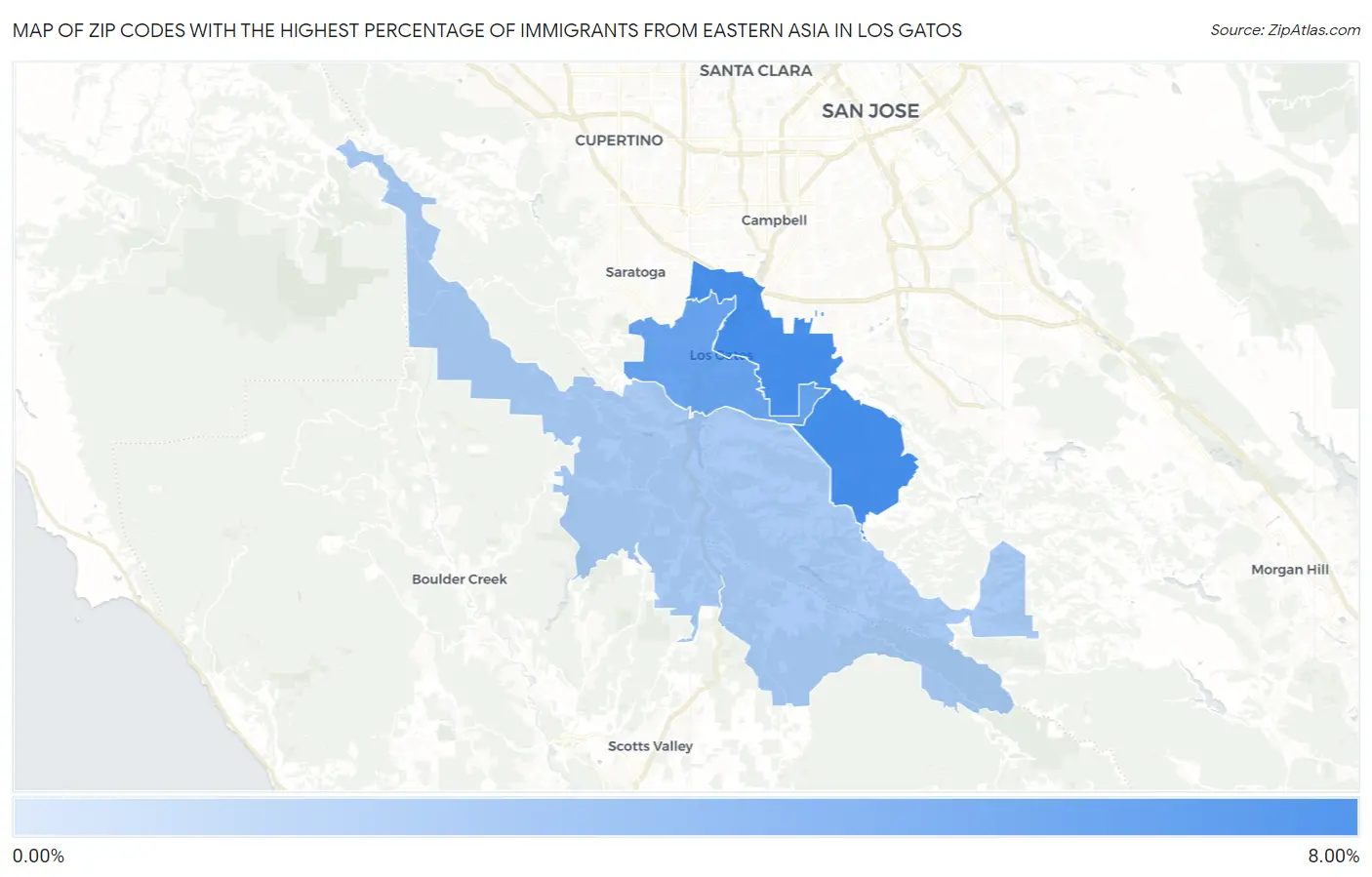 Zip Codes with the Highest Percentage of Immigrants from Eastern Asia in Los Gatos Map