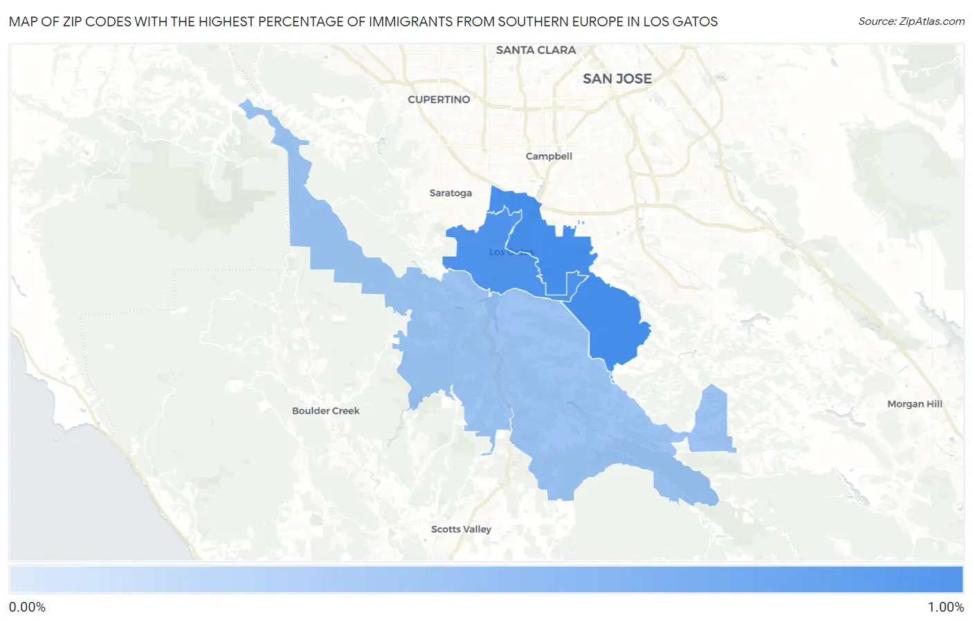 Zip Codes with the Highest Percentage of Immigrants from Southern Europe in Los Gatos Map