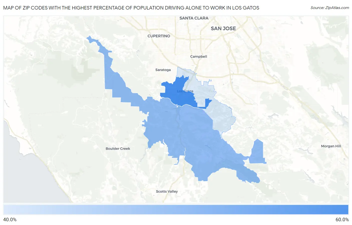 Zip Codes with the Highest Percentage of Population Driving Alone to Work in Los Gatos Map
