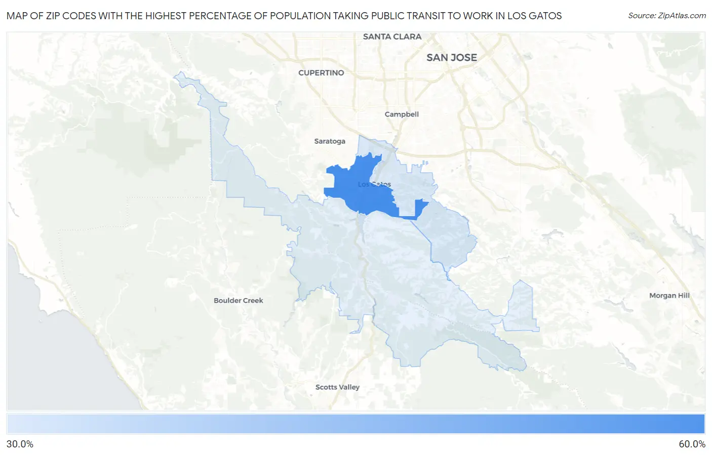 Zip Codes with the Highest Percentage of Population Taking Public Transit to Work in Los Gatos Map