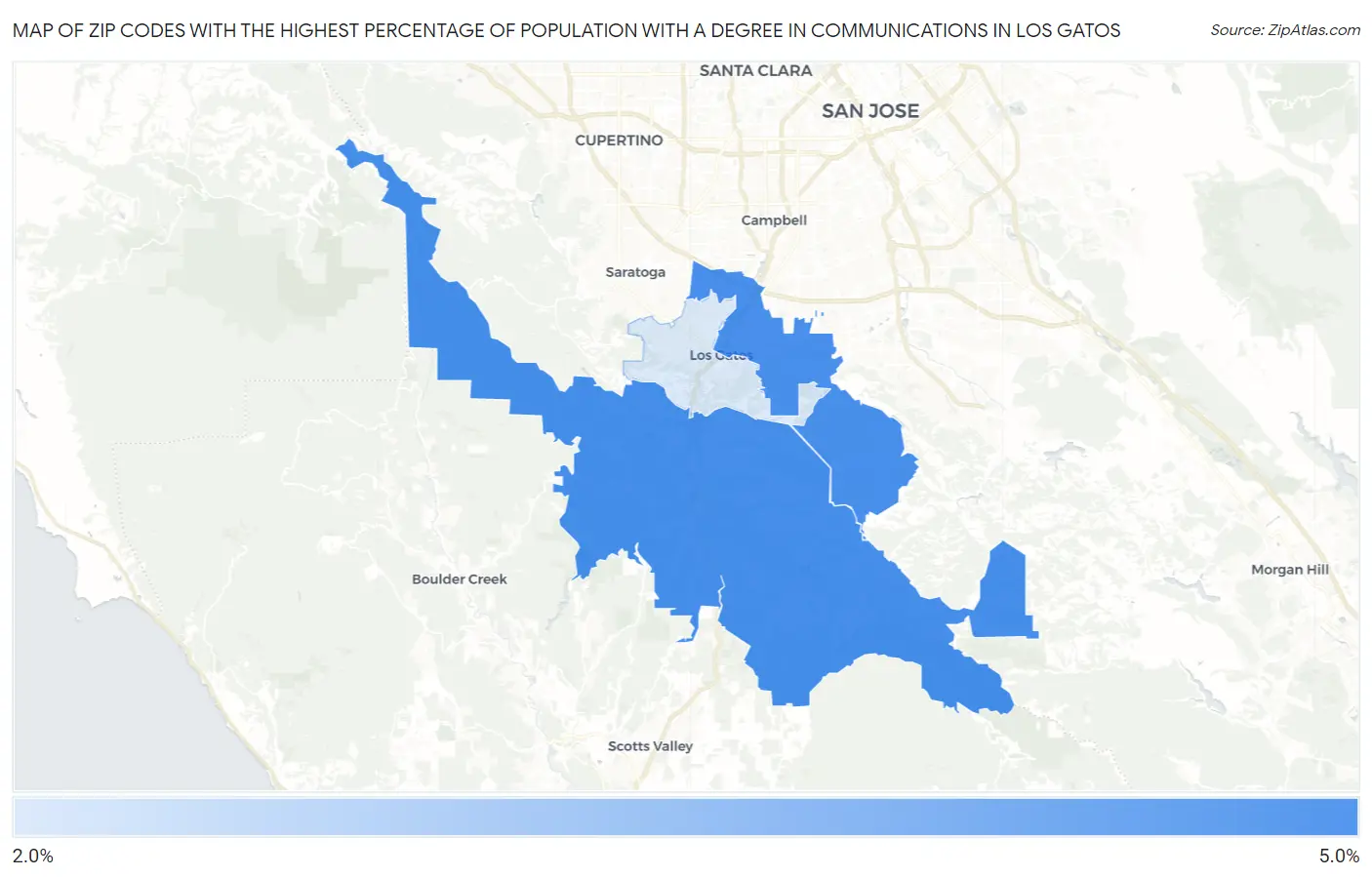 Zip Codes with the Highest Percentage of Population with a Degree in Communications in Los Gatos Map
