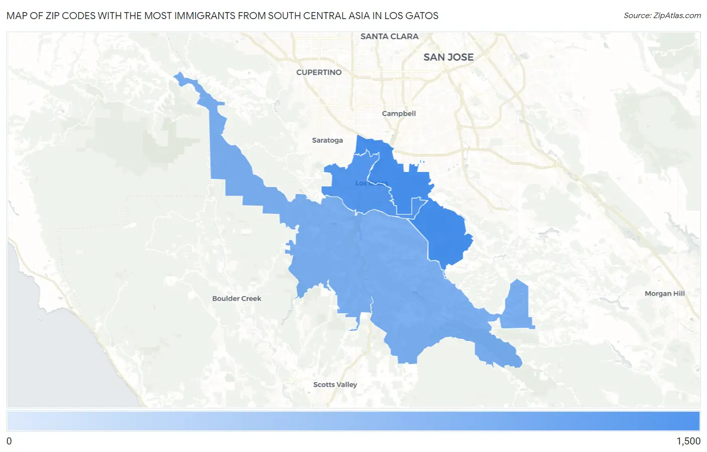 Zip Codes with the Most Immigrants from South Central Asia in Los Gatos Map