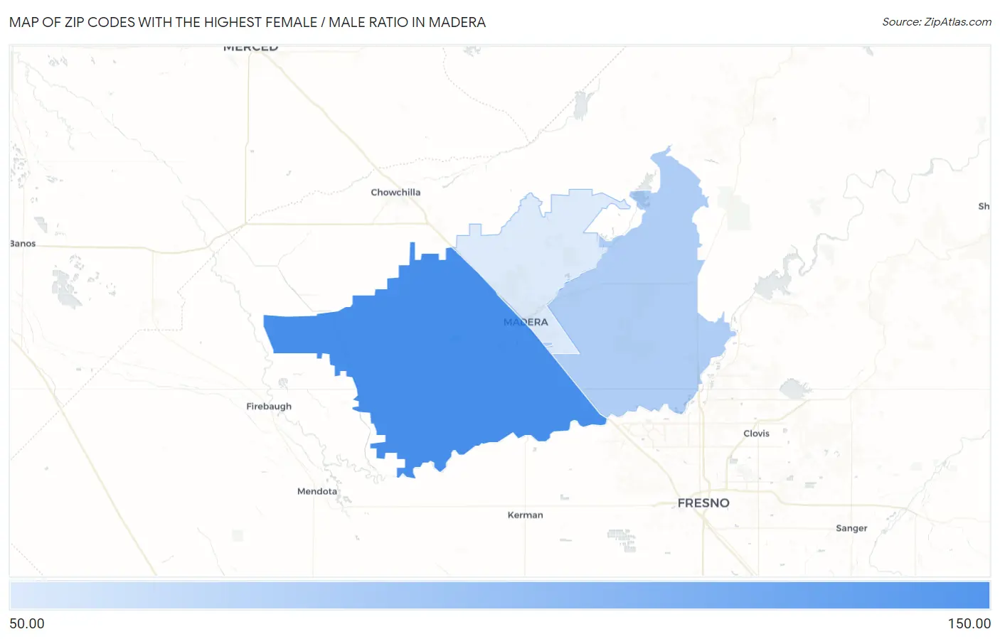 Zip Codes with the Highest Female / Male Ratio in Madera Map