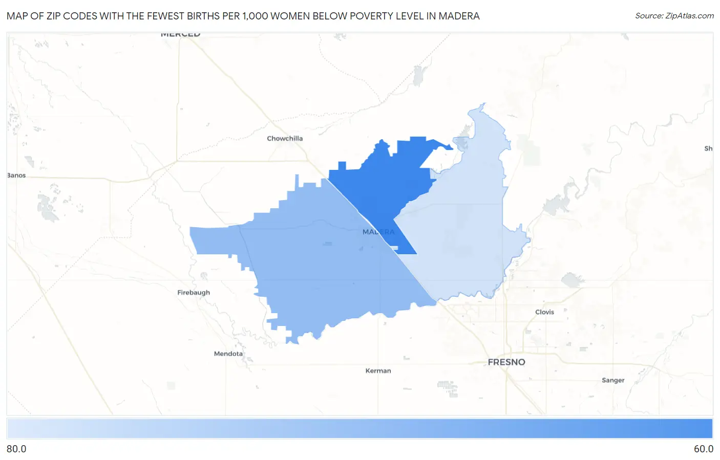 Zip Codes with the Fewest Births per 1,000 Women Below Poverty Level in Madera Map