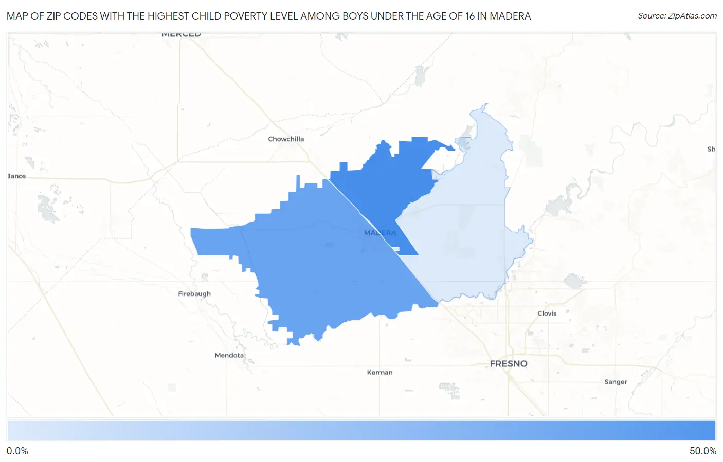 Zip Codes with the Highest Child Poverty Level Among Boys Under the Age of 16 in Madera Map