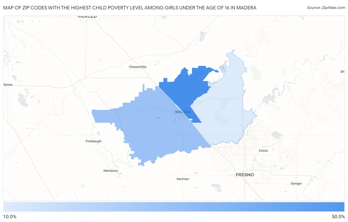 Zip Codes with the Highest Child Poverty Level Among Girls Under the Age of 16 in Madera Map