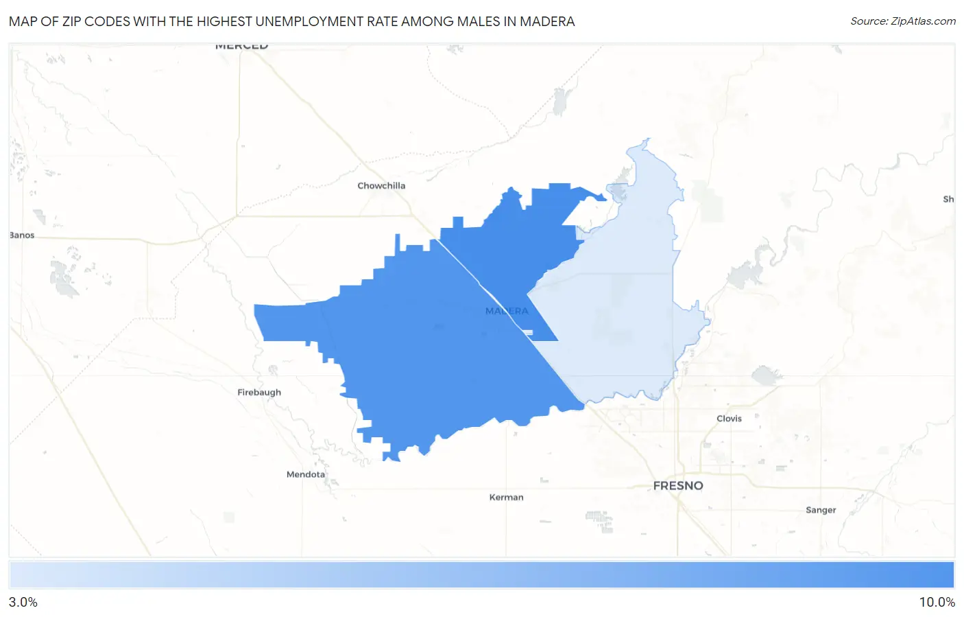 Zip Codes with the Highest Unemployment Rate Among Males in Madera Map