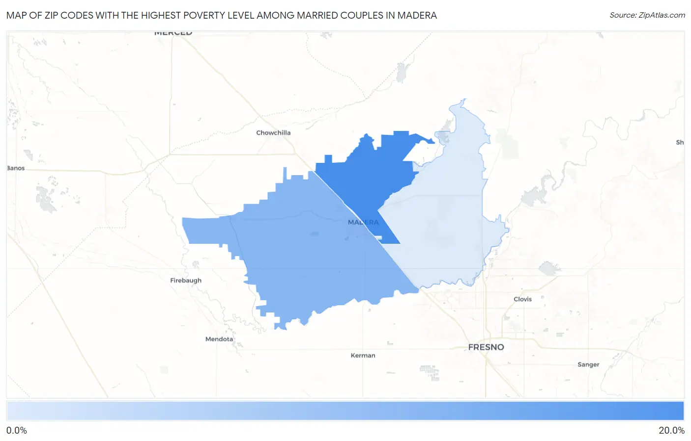 Zip Codes with the Highest Poverty Level Among Married Couples in Madera Map