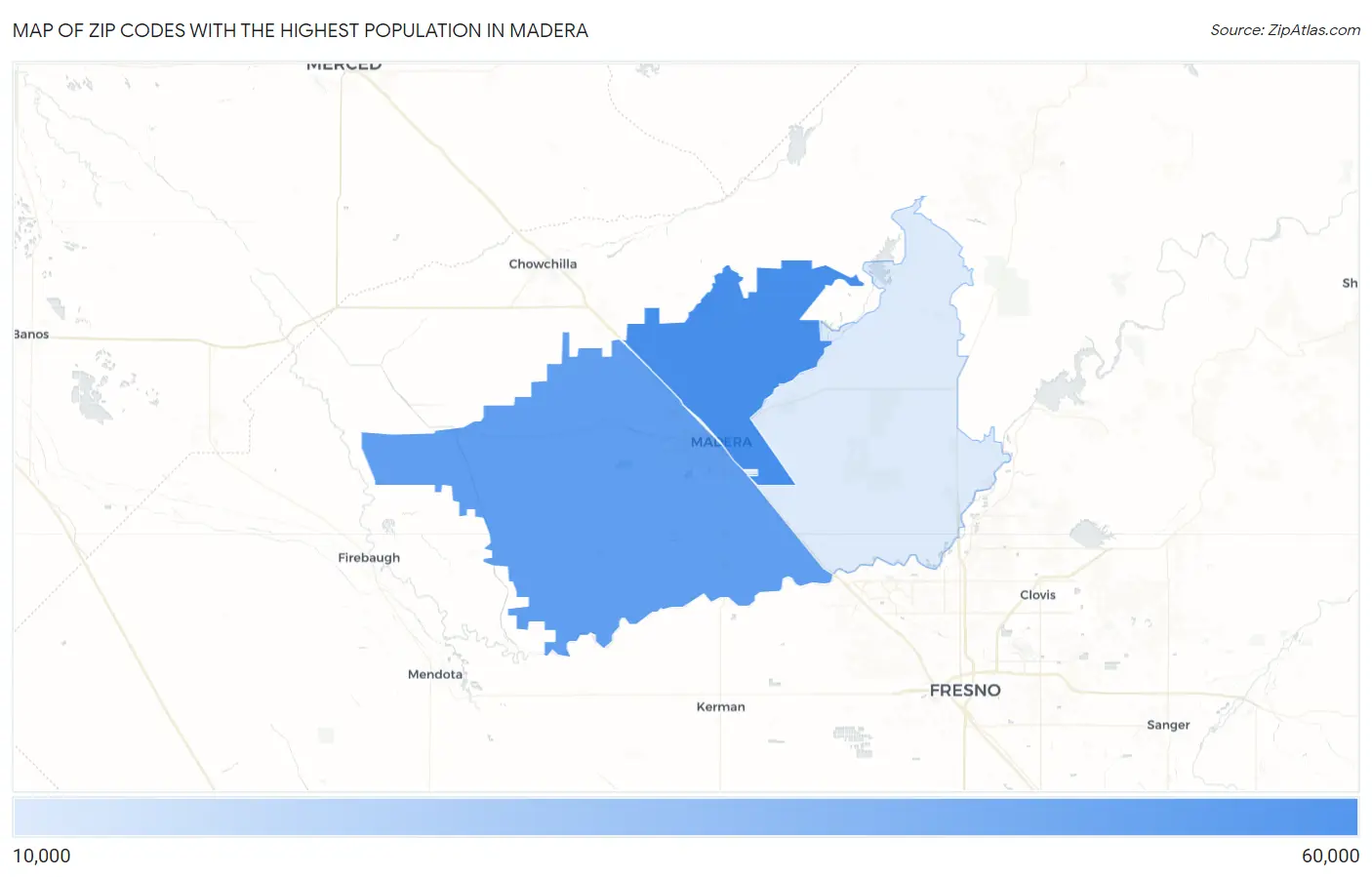 Zip Codes with the Highest Population in Madera Map